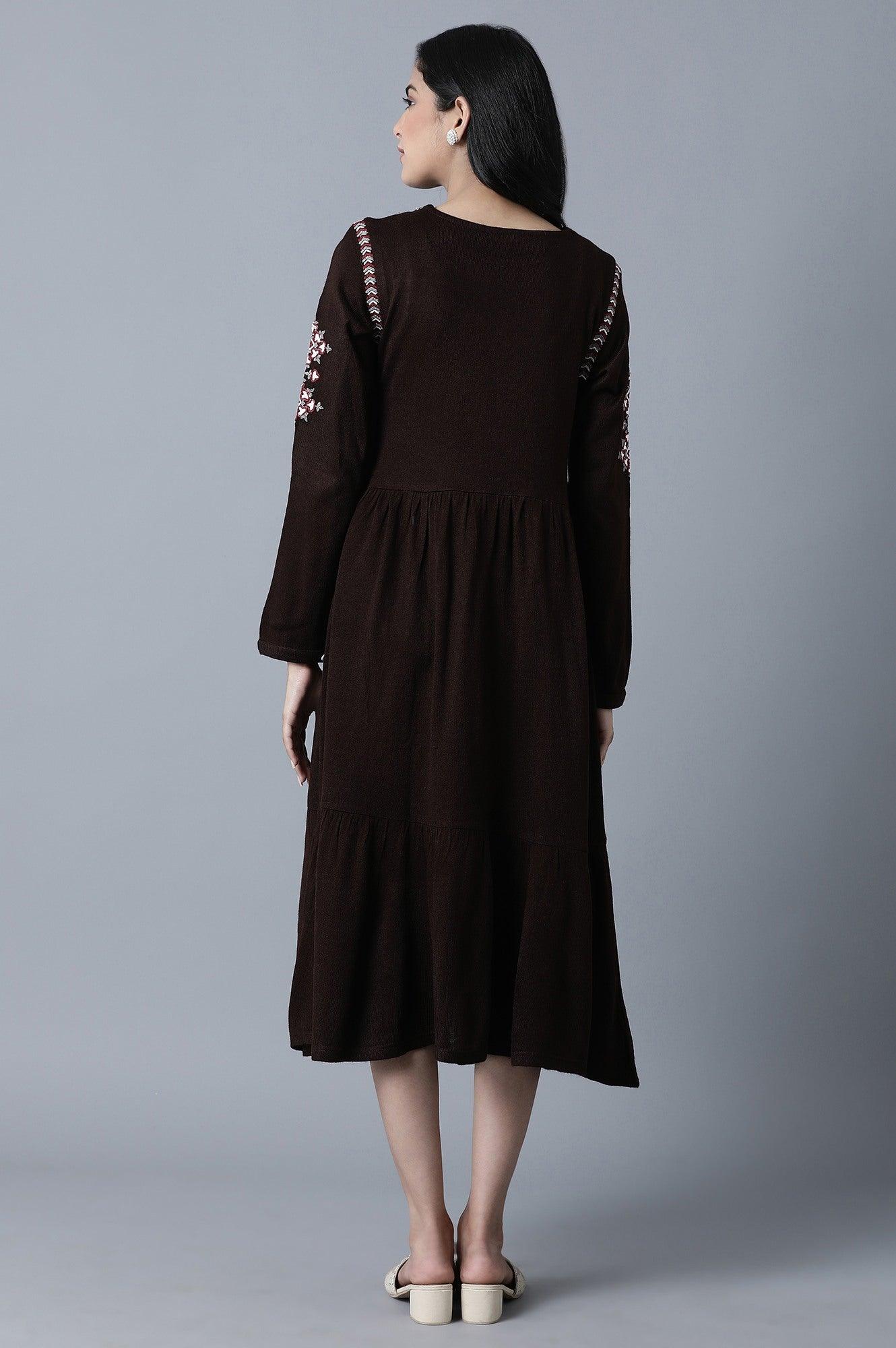 Brown Round Neck Gathered Dress - wforwoman