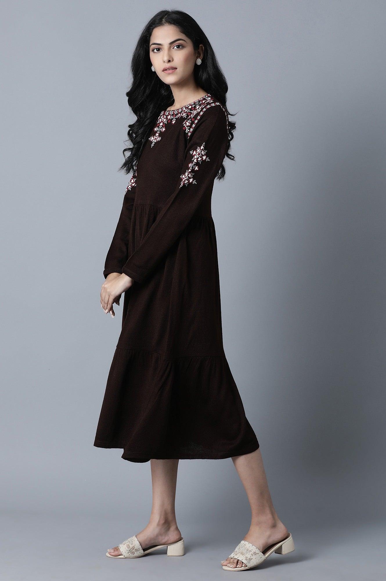 Brown Round Neck Gathered Dress - wforwoman