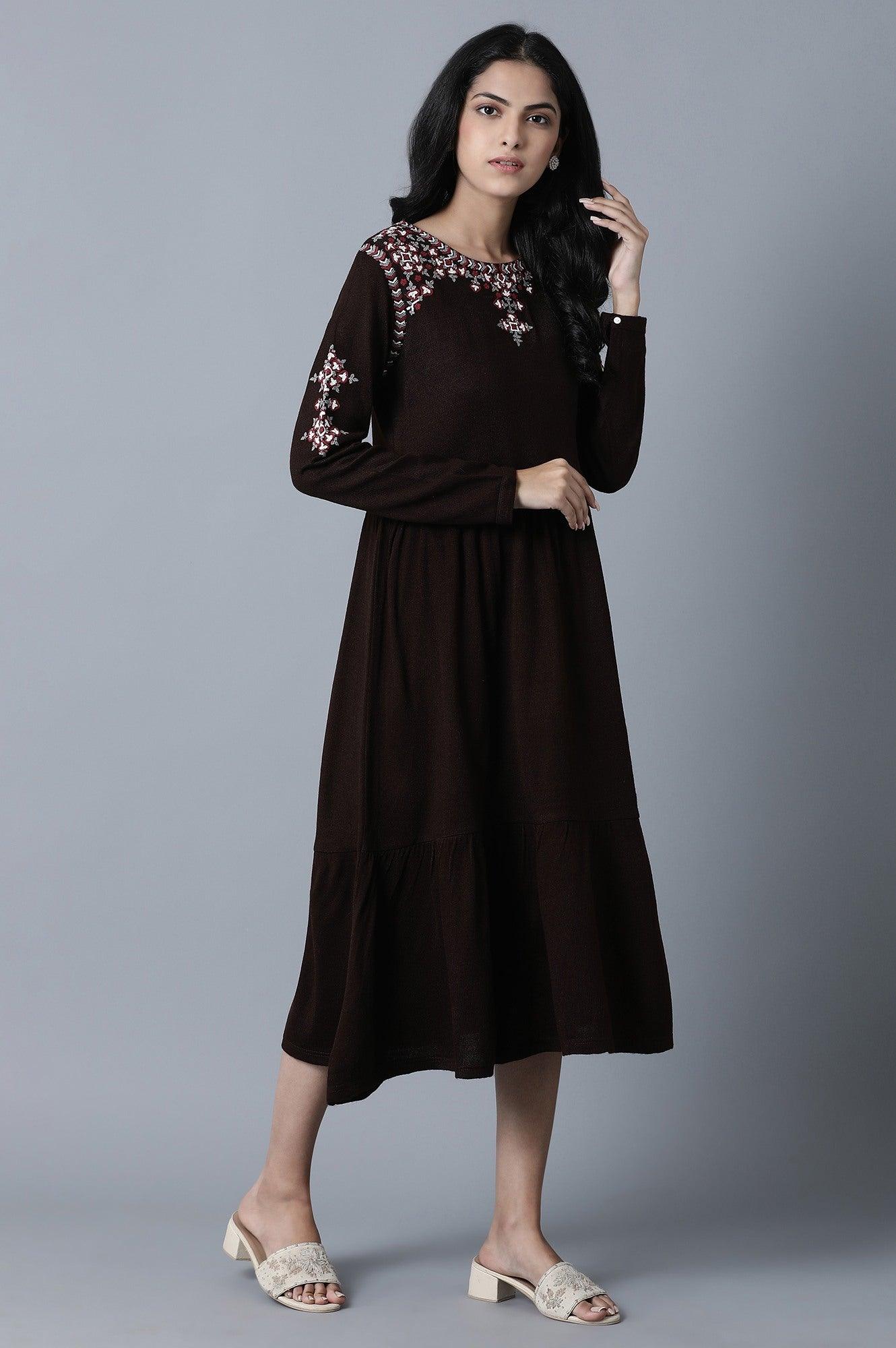 Brown Round Neck Gathered Dress - wforwoman