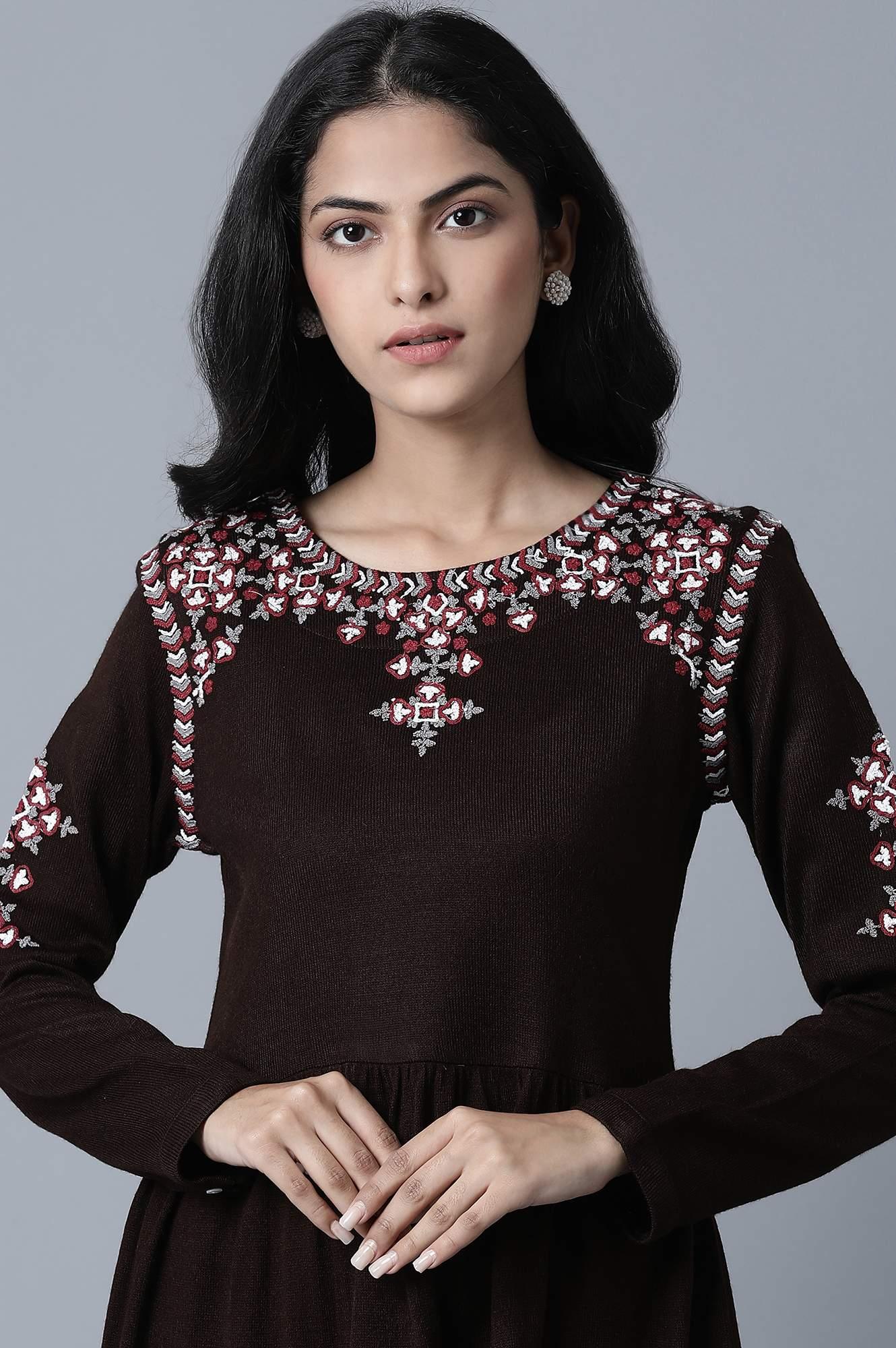 Brown Round Neck Gathered Dress - wforwoman