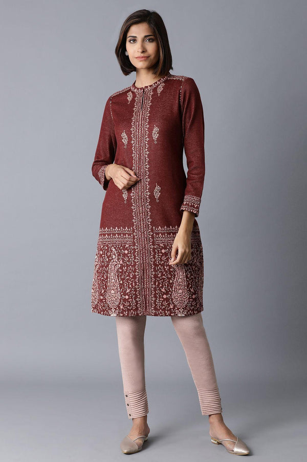 Maroon Placement Jacquard kurta
