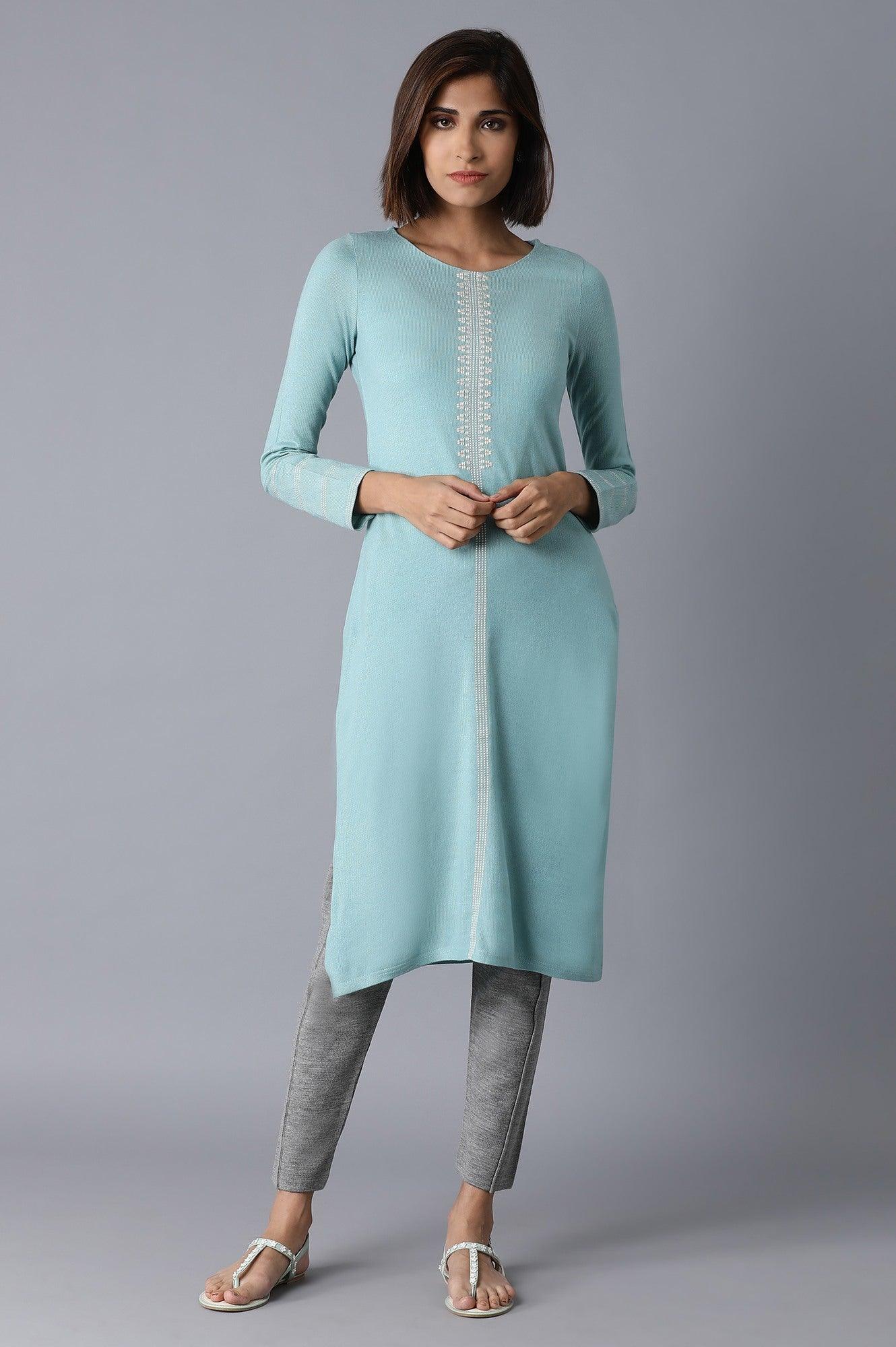 Light Blue Solid Winter kurta - wforwoman