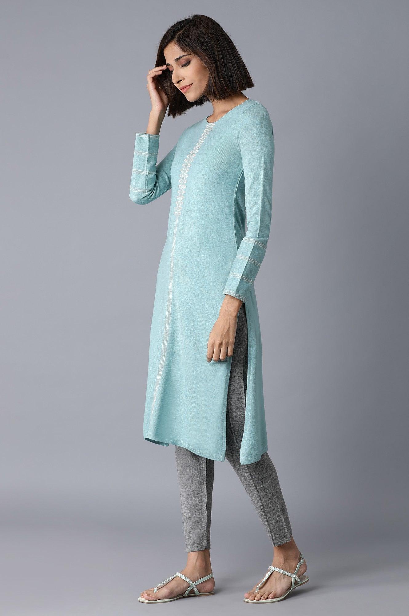 Light Blue Solid Winter kurta - wforwoman
