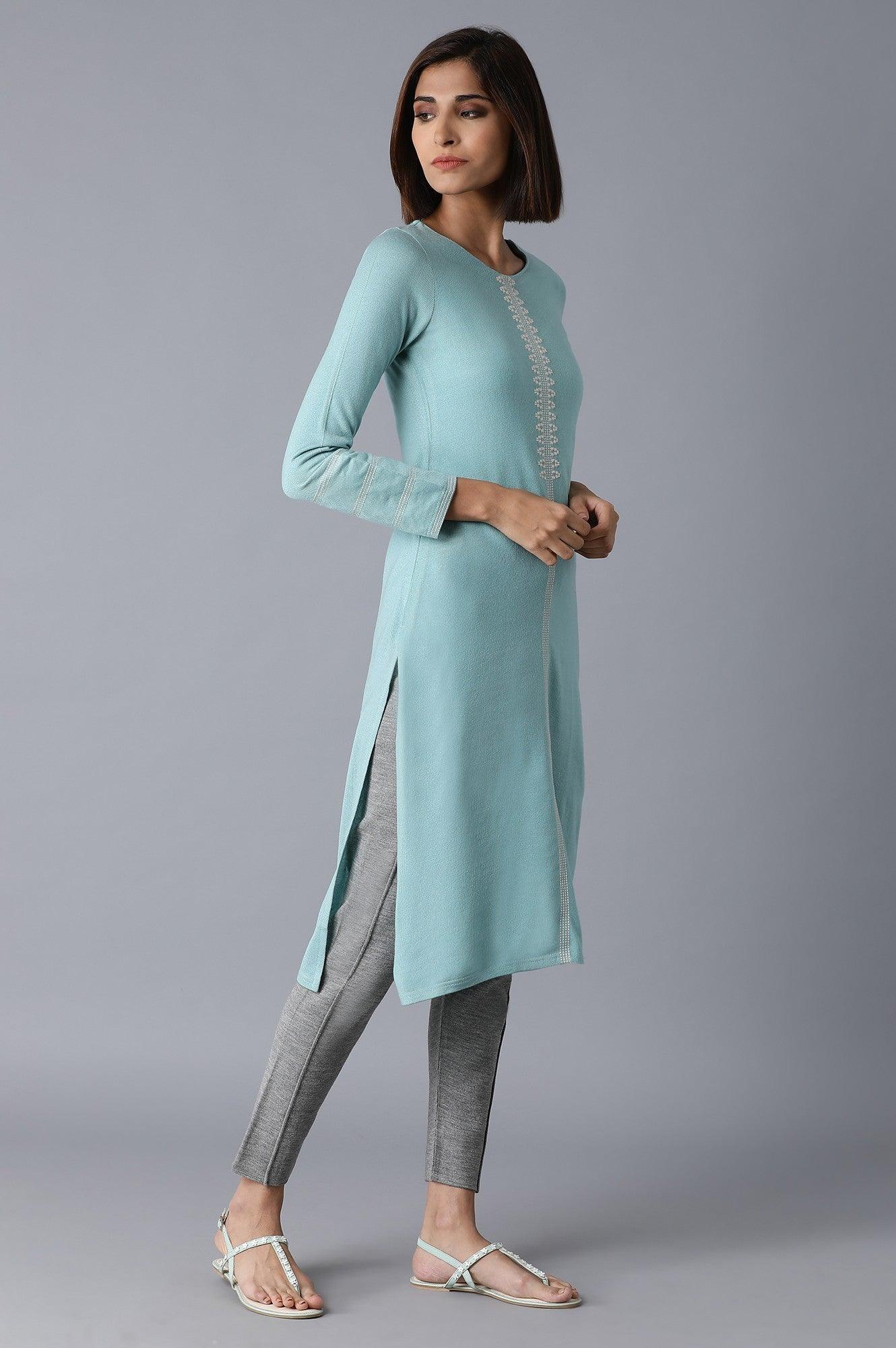 Light Blue Solid Winter kurta - wforwoman