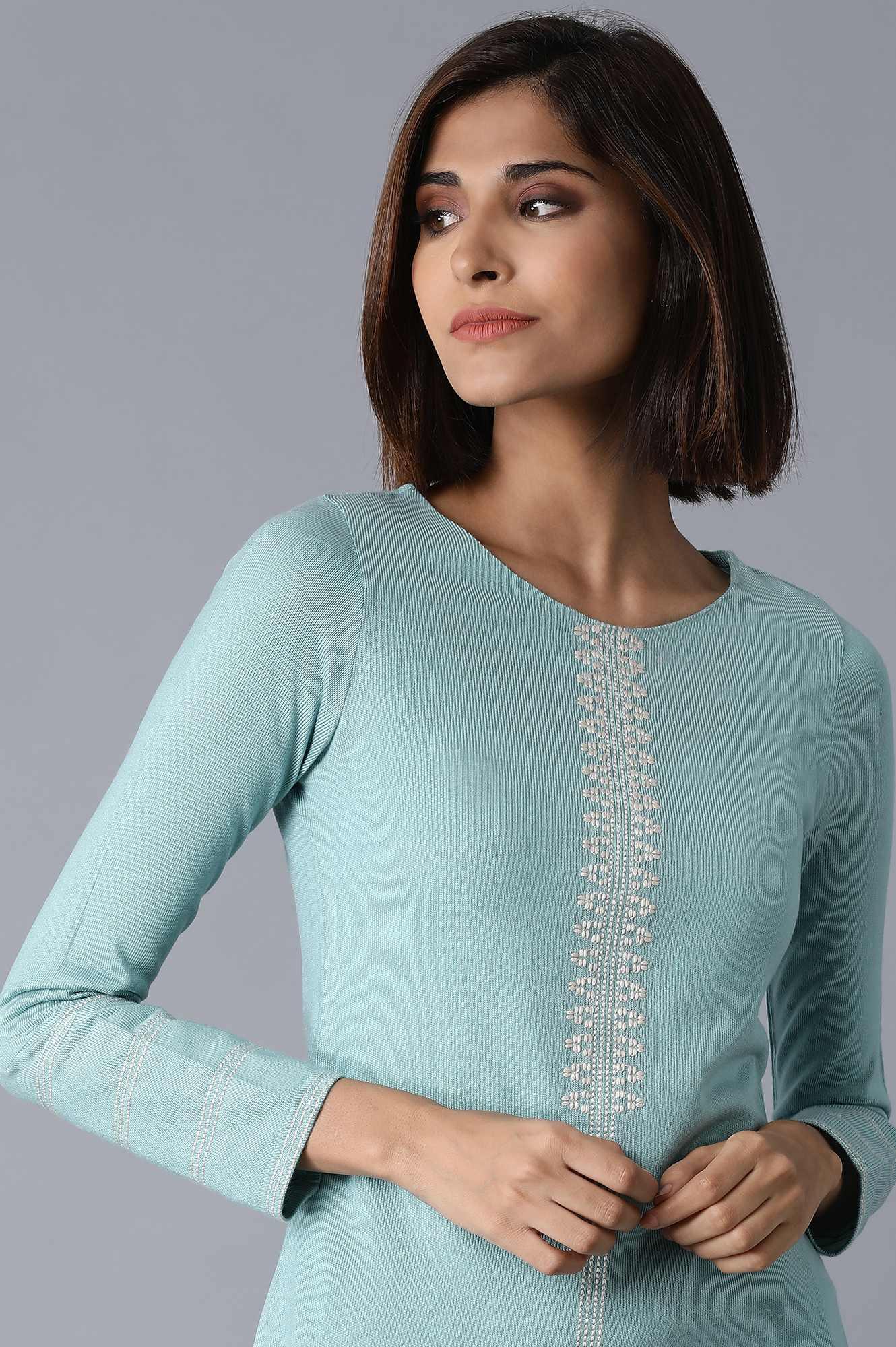 Light Blue Solid Winter kurta - wforwoman