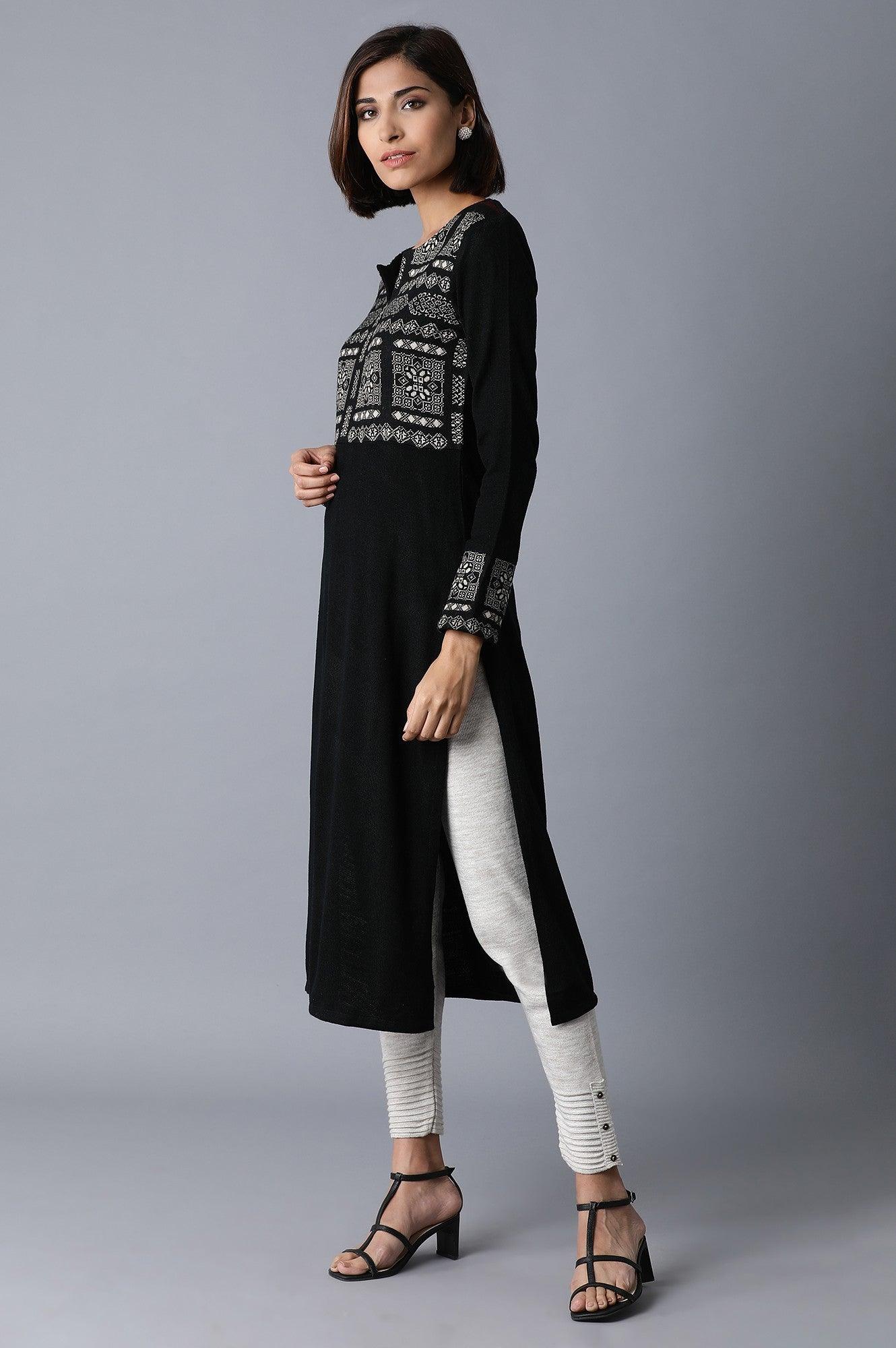 Jet Black Acrylic Jacquard kurta - wforwoman