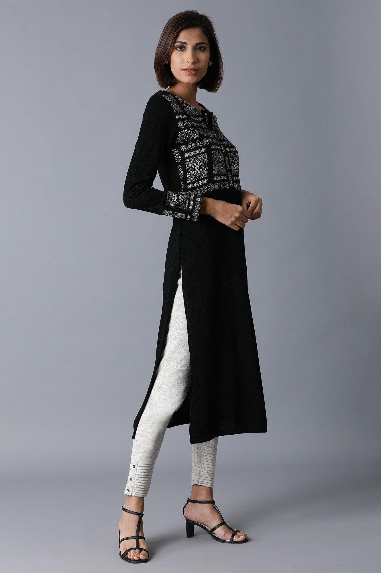 Jet Black Acrylic Jacquard kurta - wforwoman
