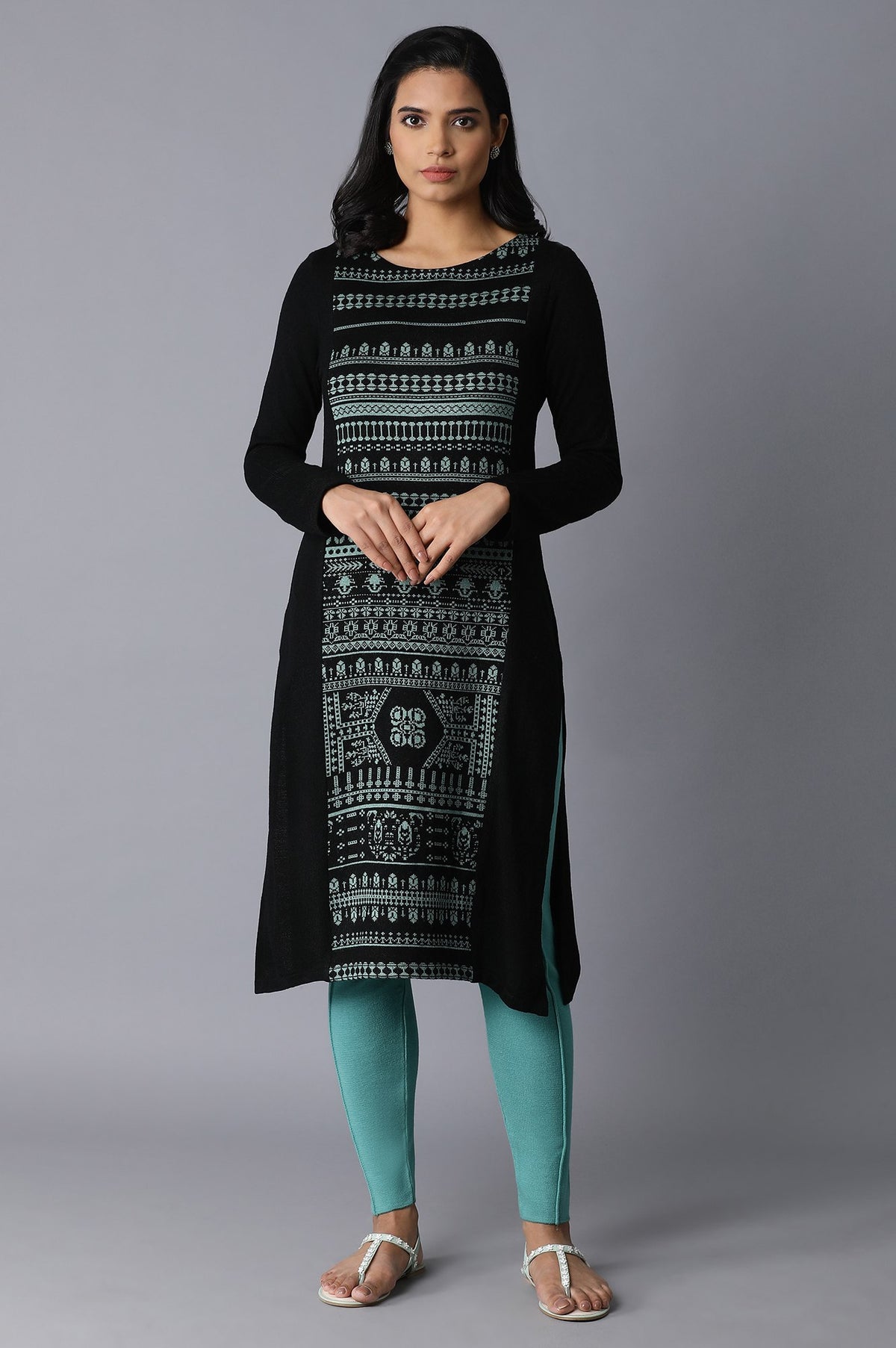 Jade Green Acrylic Jacquard Kurta - XS