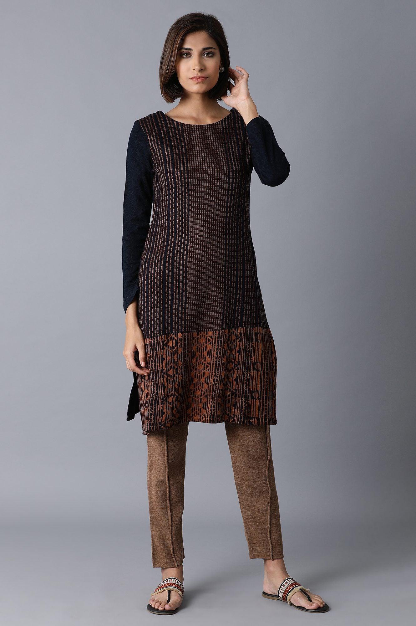 Navy Melange Acrylic Jacquard kurta - wforwoman