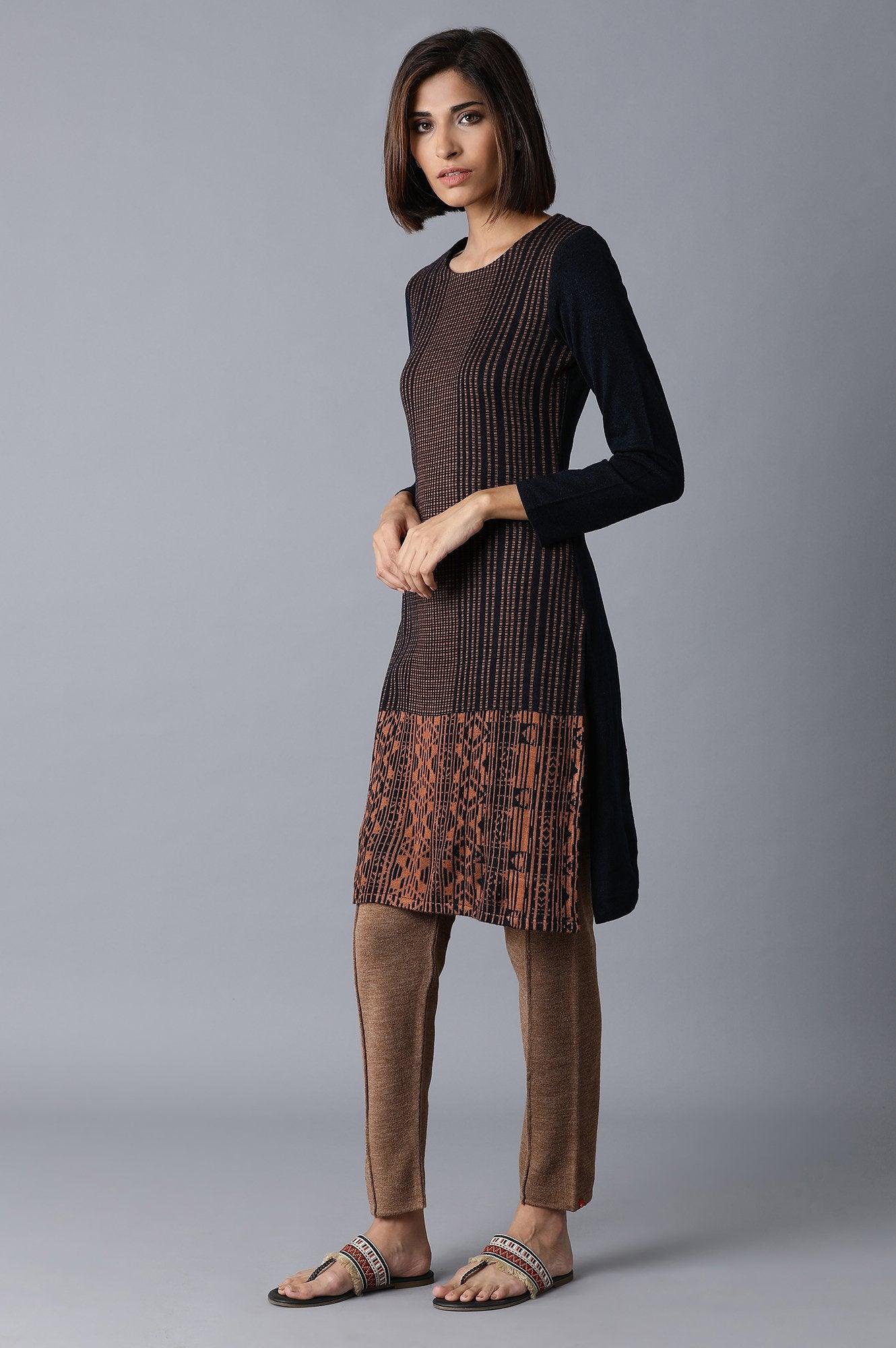 Navy Melange Acrylic Jacquard kurta - wforwoman