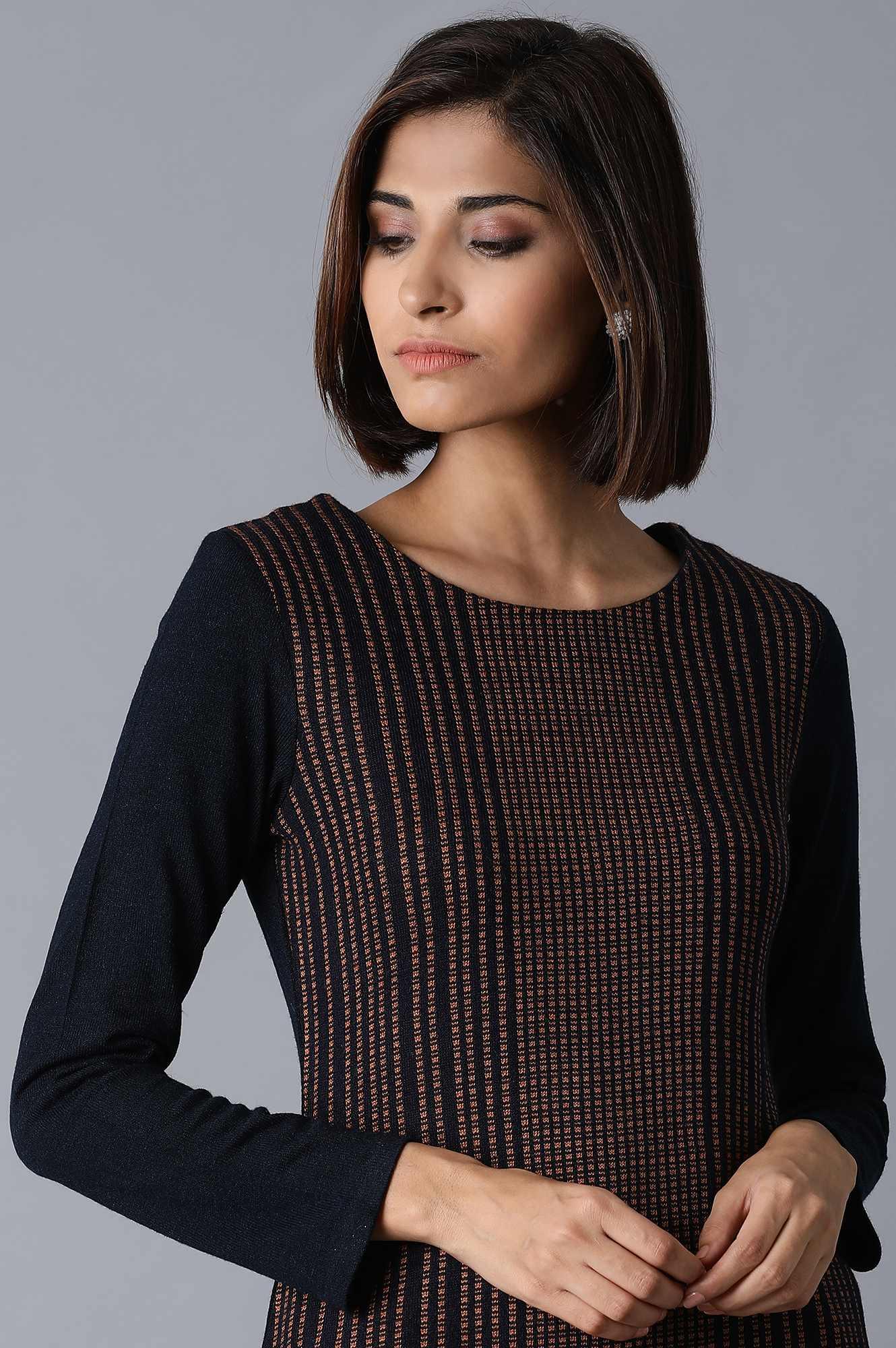 Navy Melange Acrylic Jacquard kurta - wforwoman