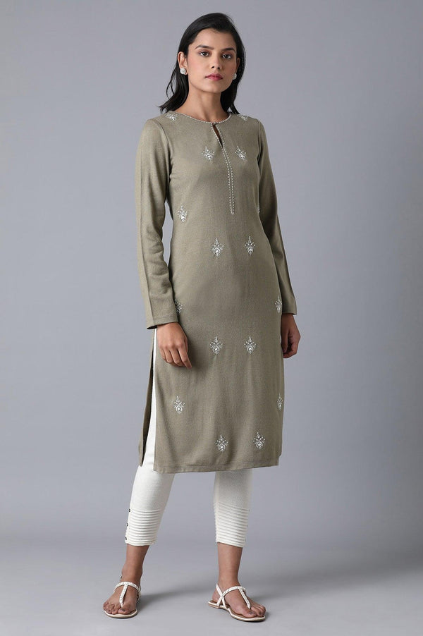 Olive Green Floral Embroidery Winter kurta