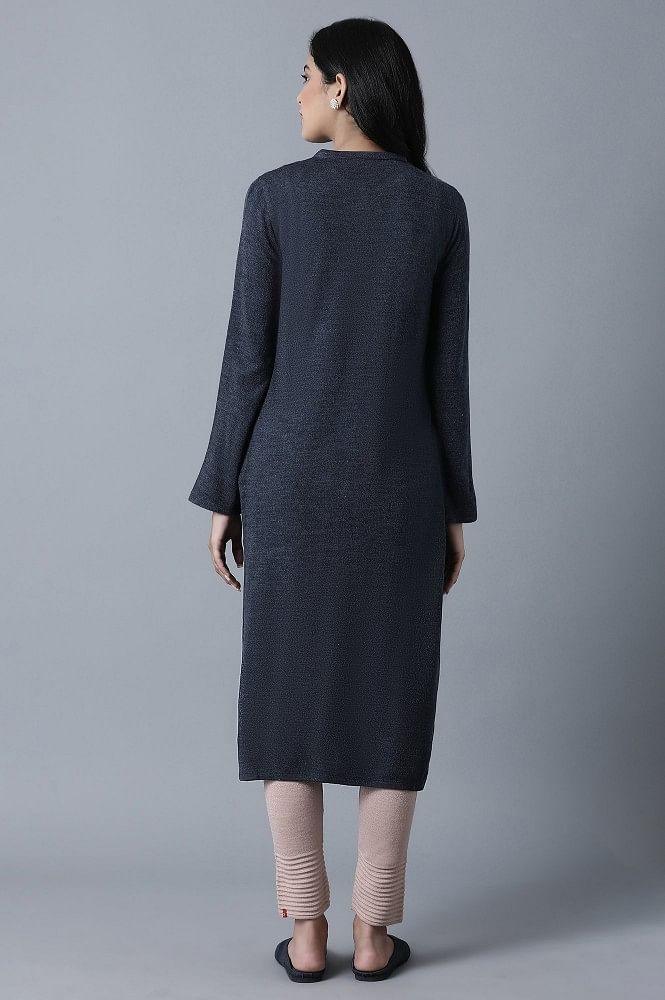 Blue Mandarin Neck Winter kurta - wforwoman