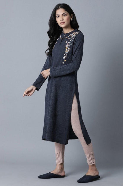 Blue Mandarin Neck Winter kurta - wforwoman