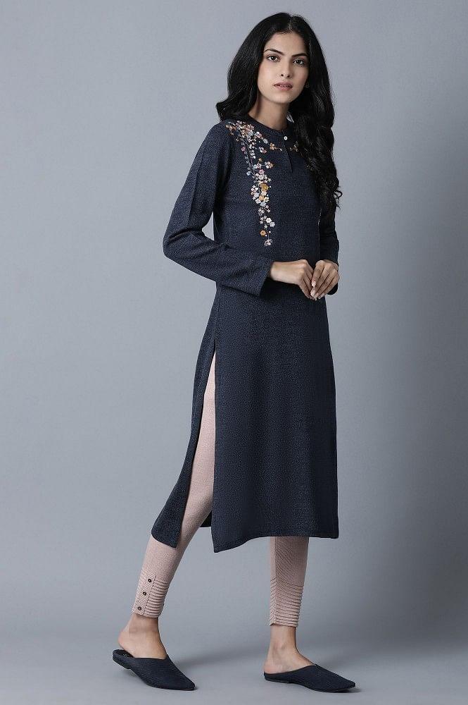 Blue Mandarin Neck Winter kurta - wforwoman