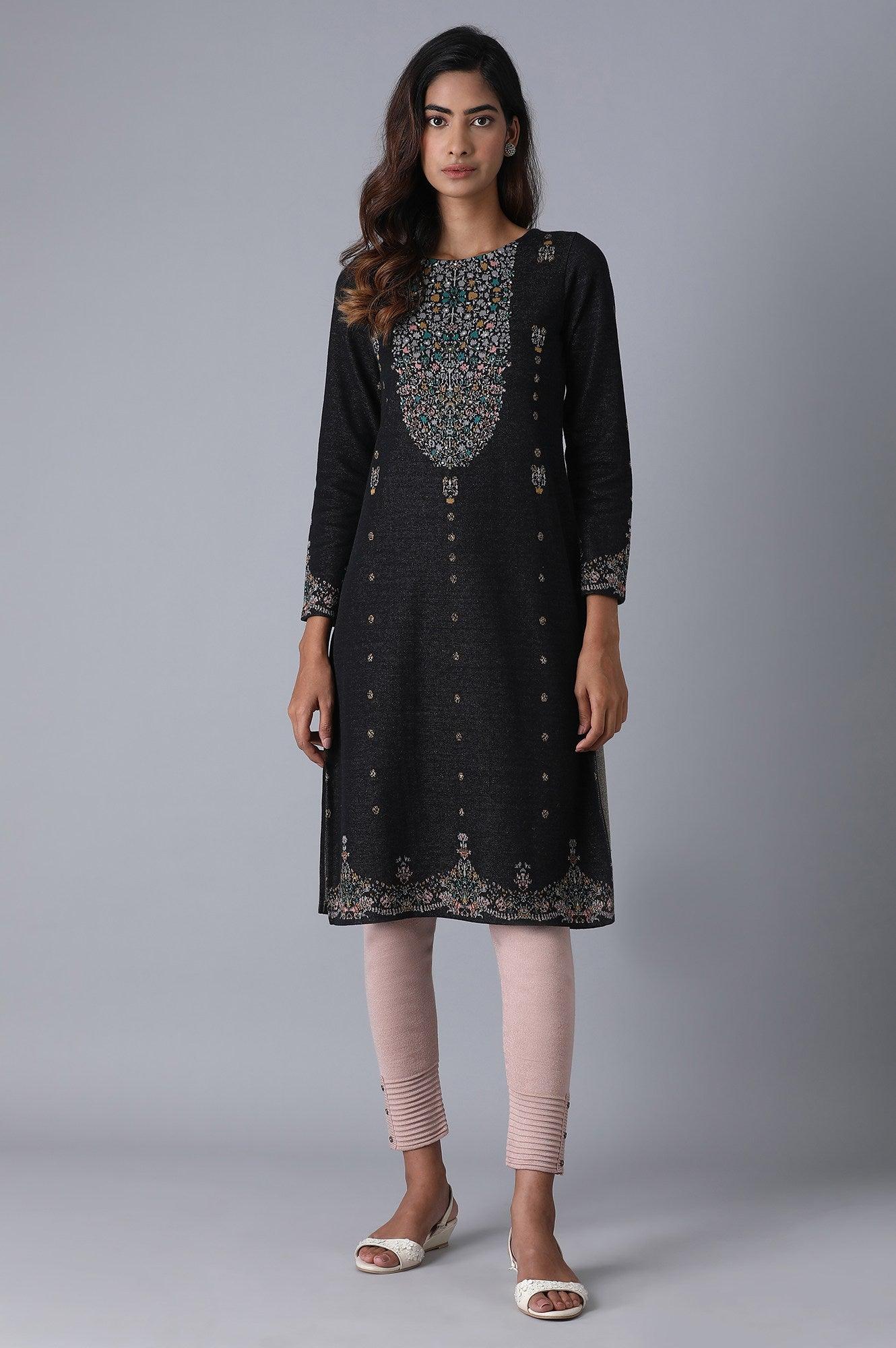 Grey Round Neck Floral Winter kurta - wforwoman