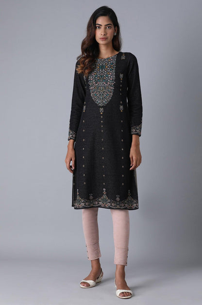 Grey Round Neck Floral Winter kurta - wforwoman