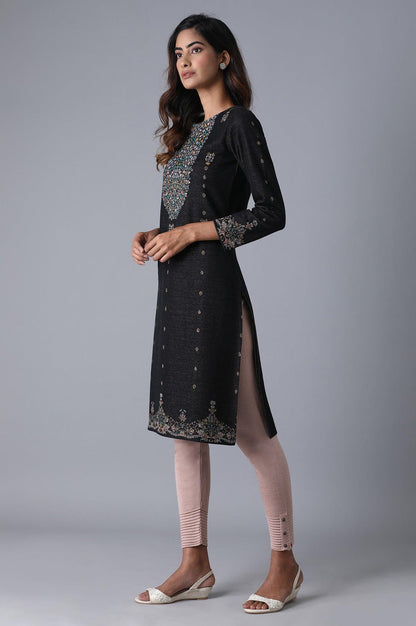 Grey Round Neck Floral Winter kurta - wforwoman