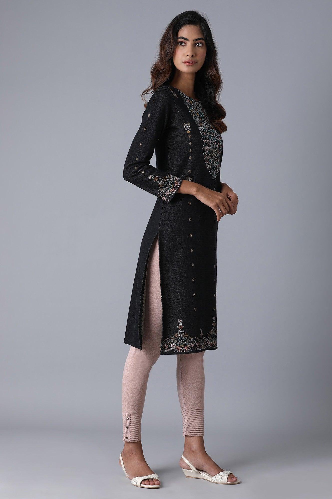 Grey Round Neck Floral Winter kurta - wforwoman