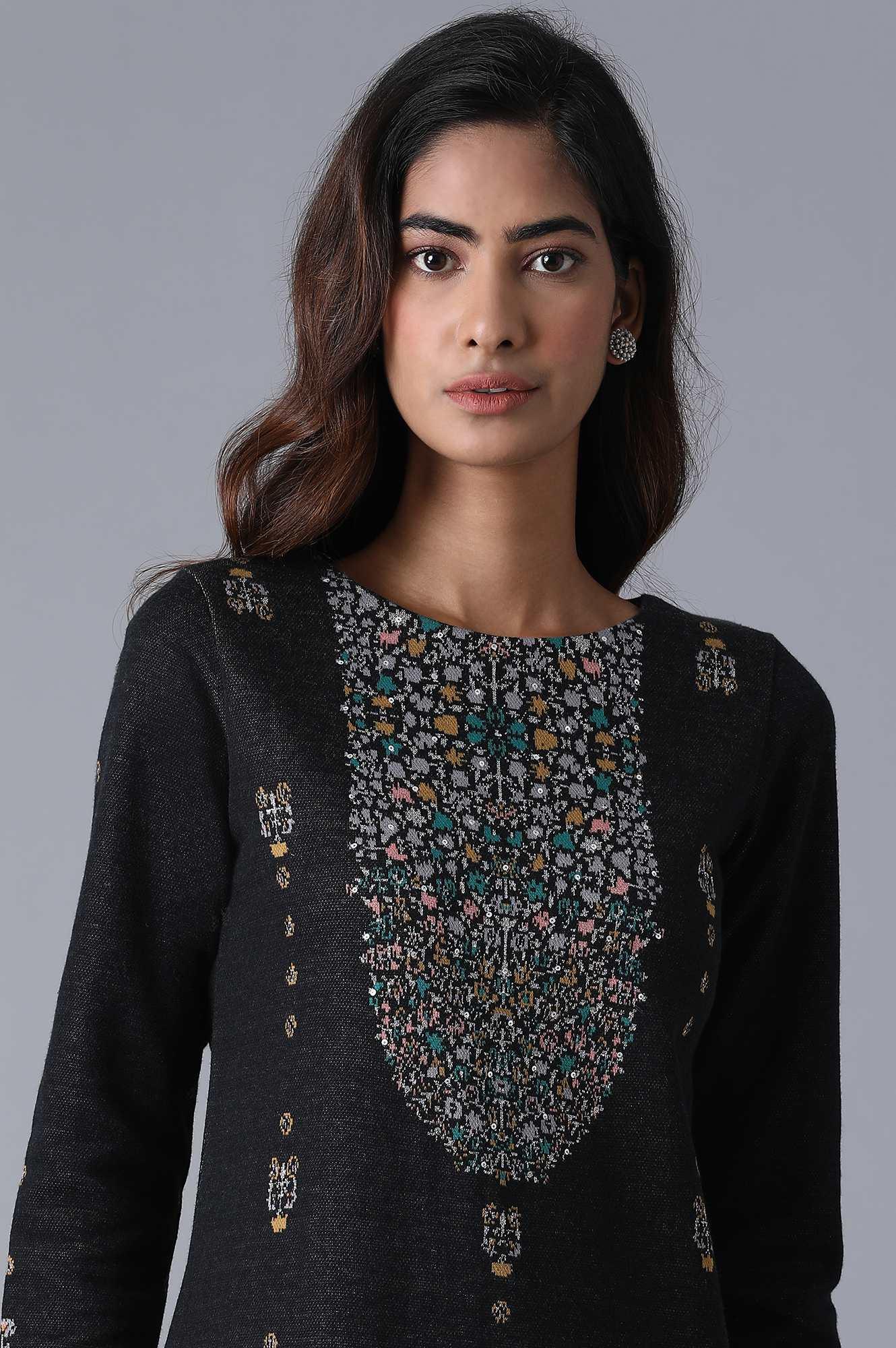 Grey Round Neck Floral Winter kurta - wforwoman