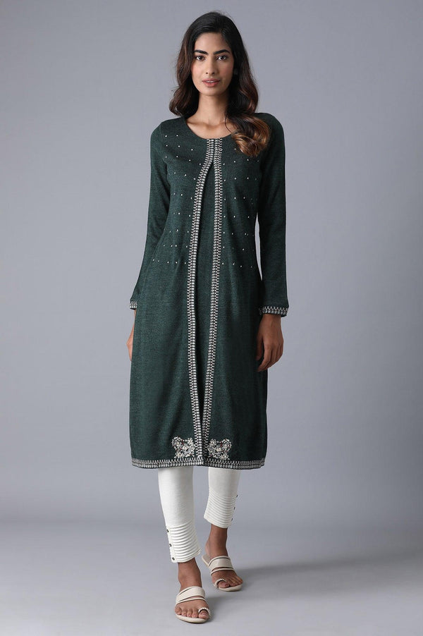 Olive Green Round Neck Embroidery Winter kurta