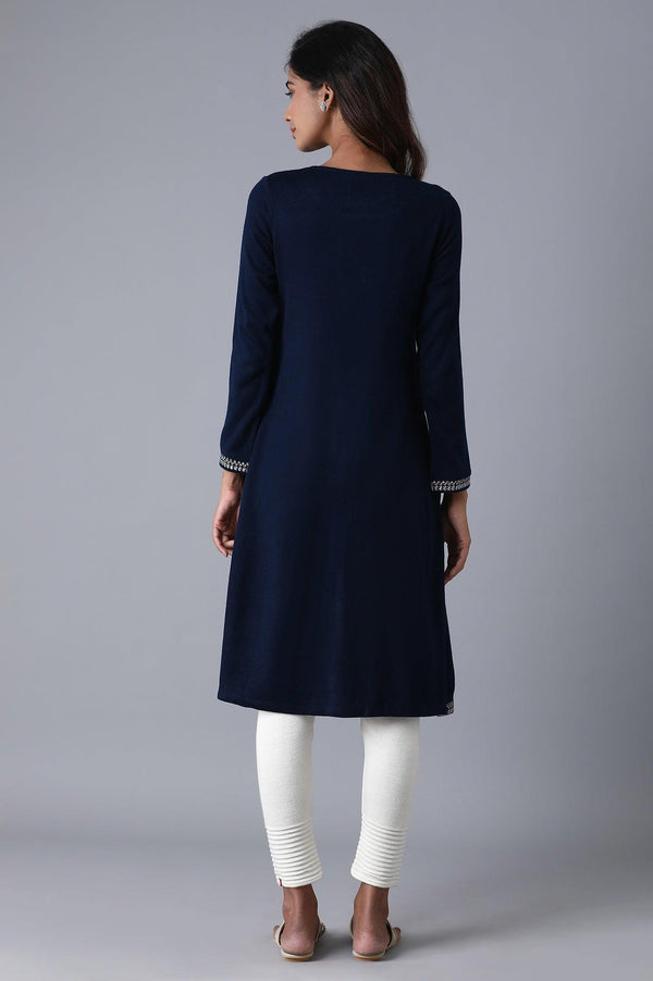 Navy Round Neck Embroidery Winter kurta