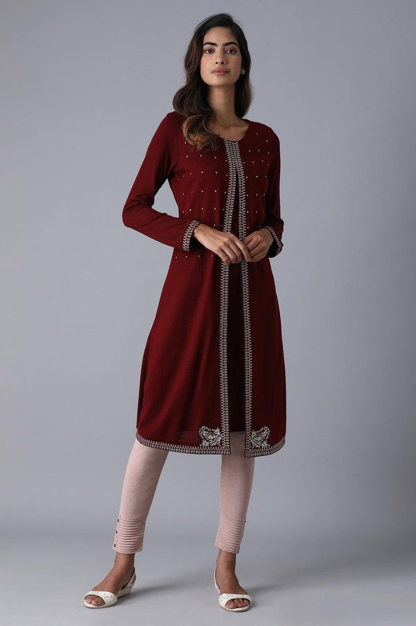 Maroon Round Neck Embroidery Winter kurta