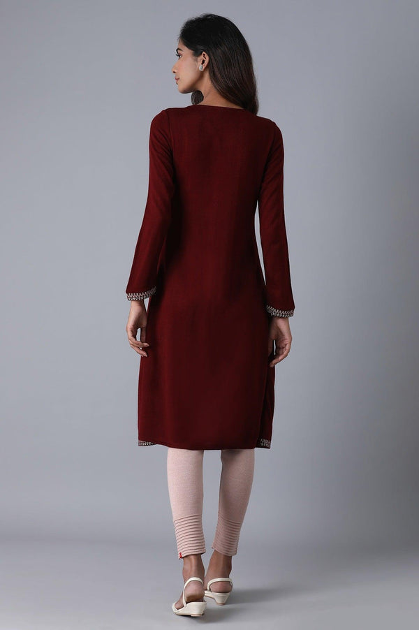 Maroon Round Neck Embroidery Winter kurta