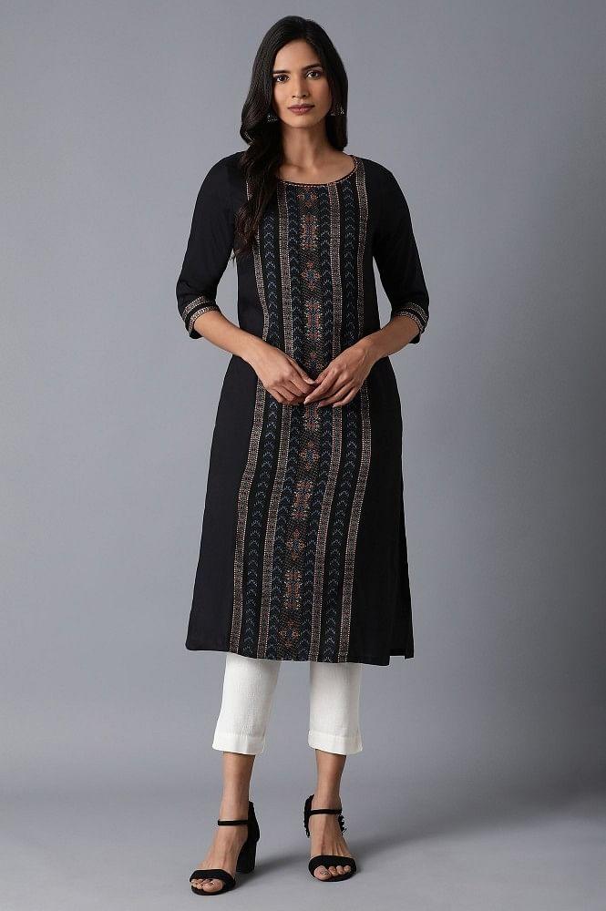 Black Printed kurta - wforwoman