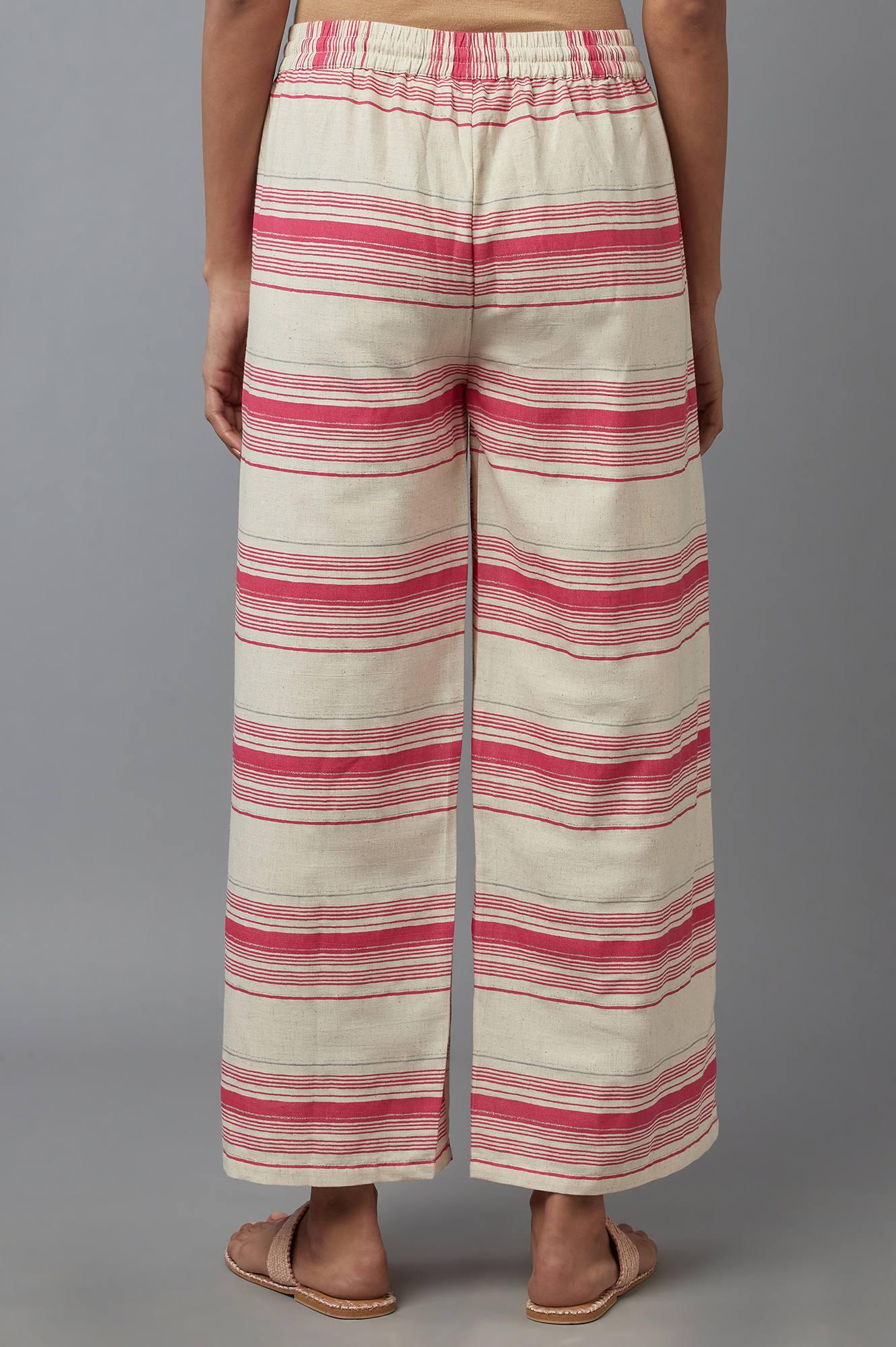 Ecru And Red Strip Parallel Pants - wforwoman