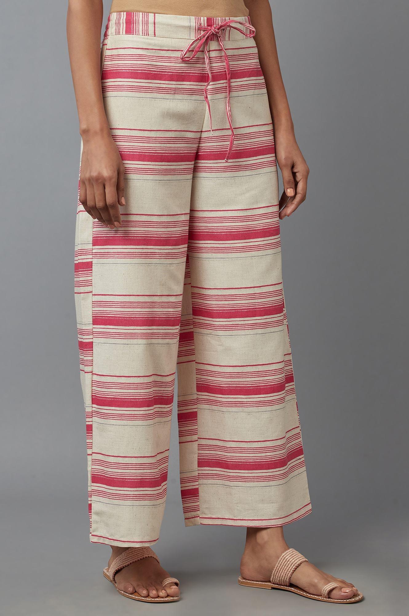 Ecru And Red Strip Parallel Pants - wforwoman