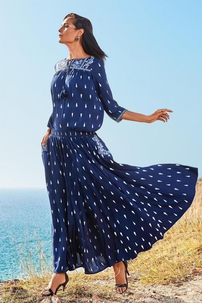 Blue Round Neck Printed Jumpsuit - wforwoman