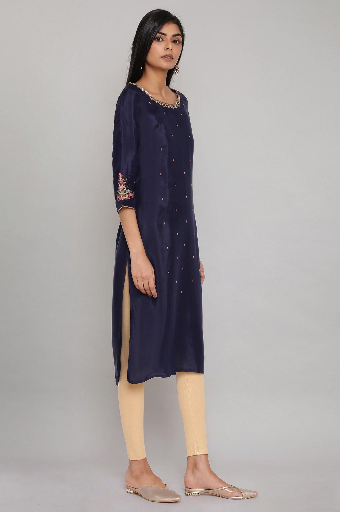 Navy Blue Solid Straight kurta - wforwoman
