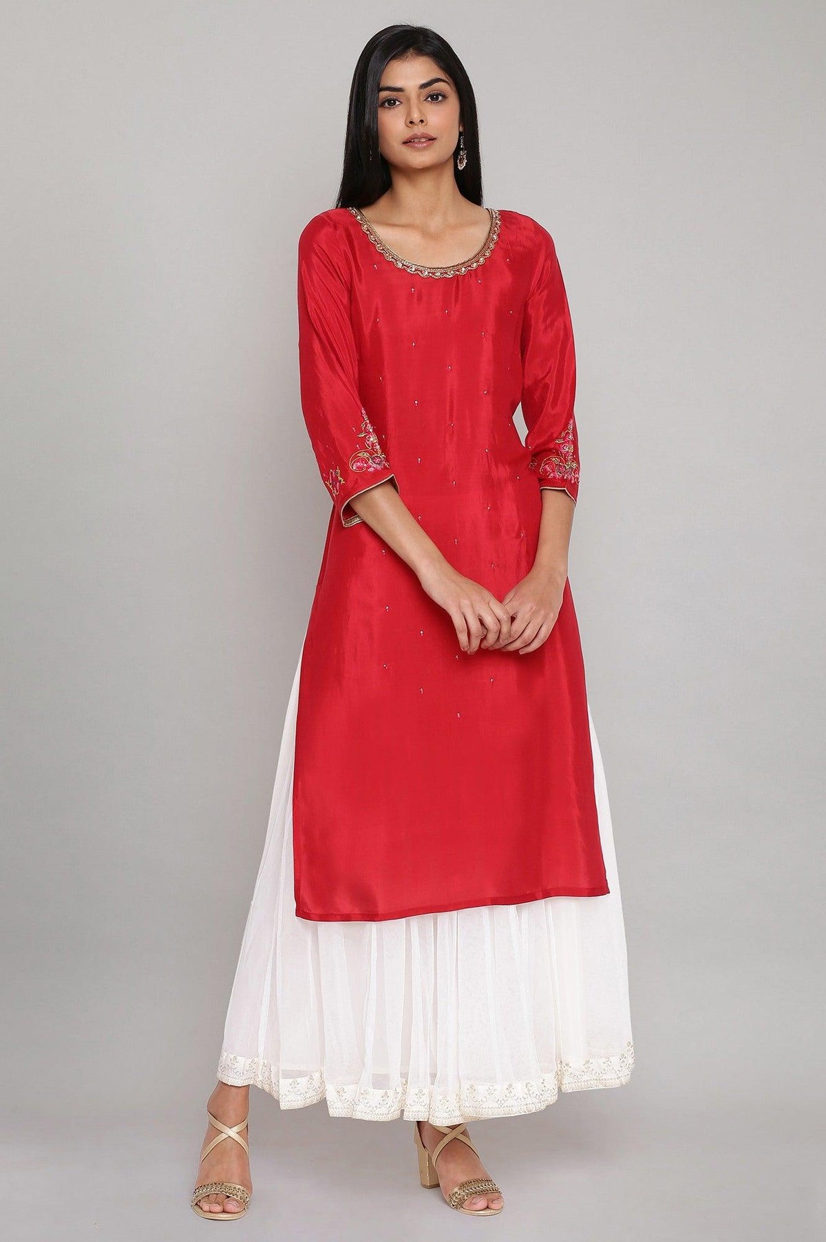 Red Solid Straight kurta - XS