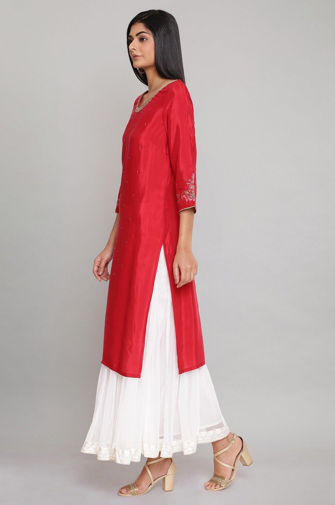 Red Solid Straight kurta - wforwoman