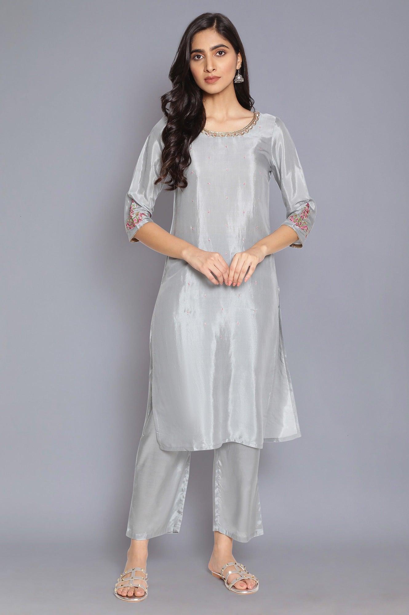 Grey Solid Straight kurta - wforwoman