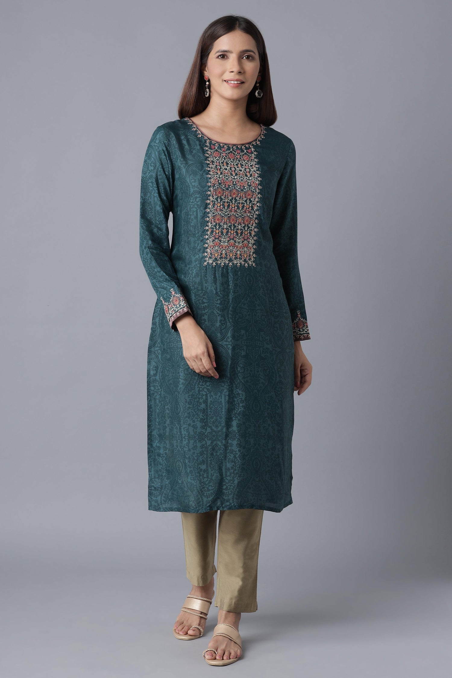 Teal Sequin Embroidered kurta - wforwoman