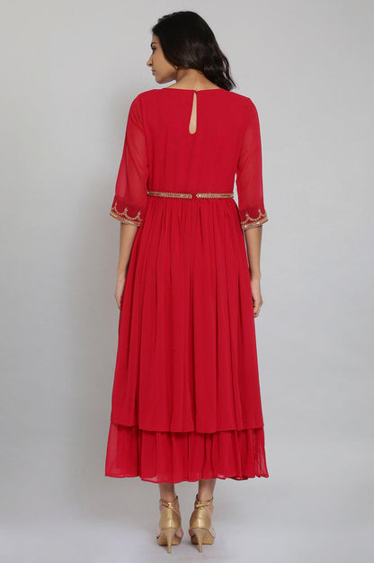 Red Embroidered Tiered Dress - wforwoman