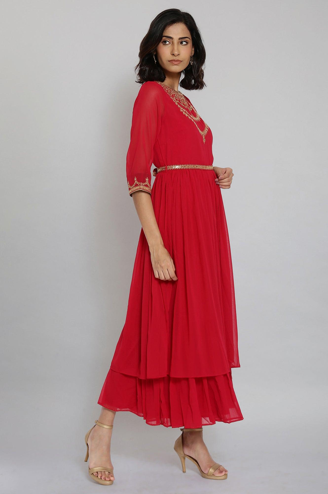 Red Embroidered Tiered Dress - wforwoman