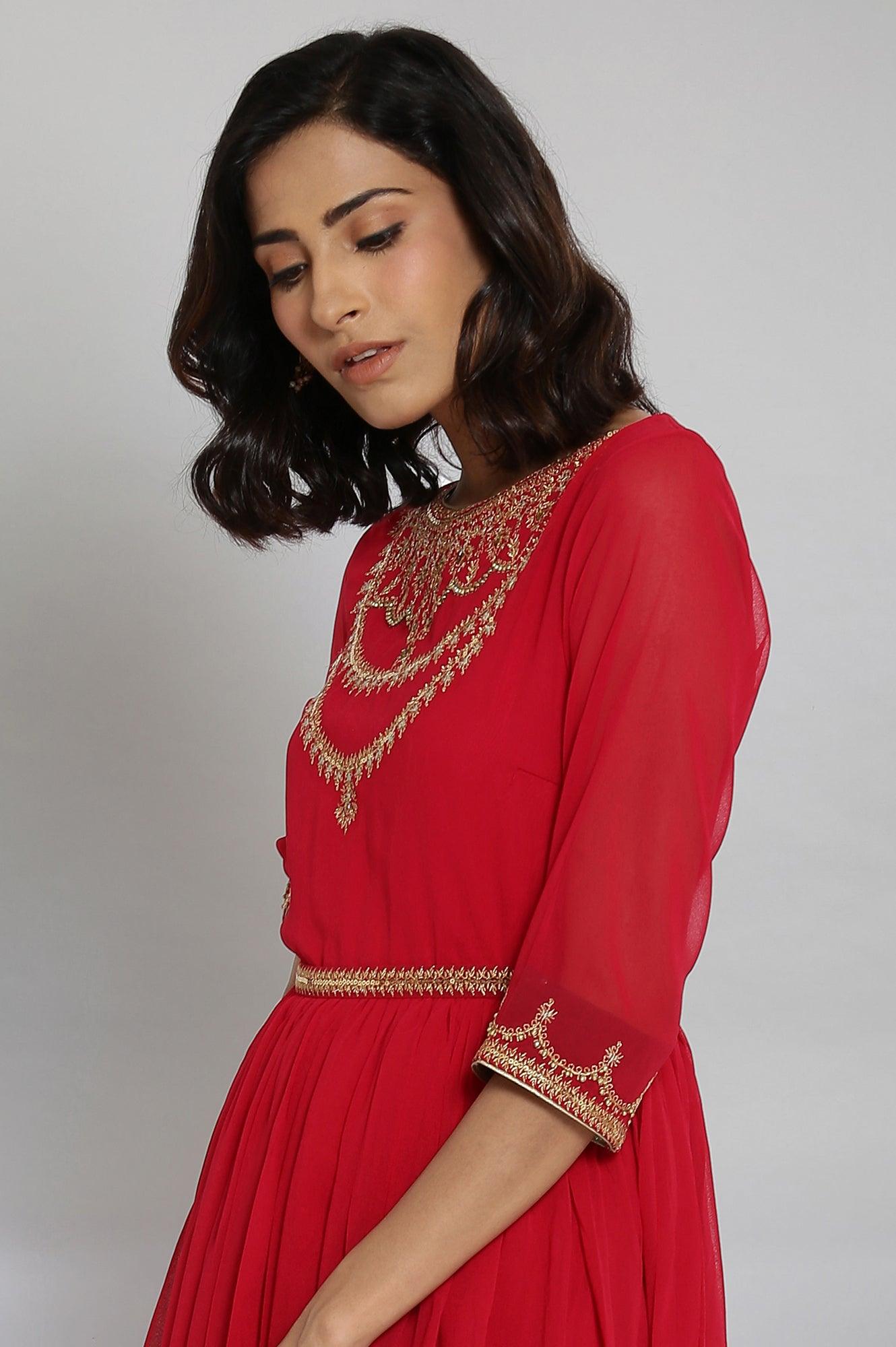 Red Embroidered Tiered Dress - wforwoman