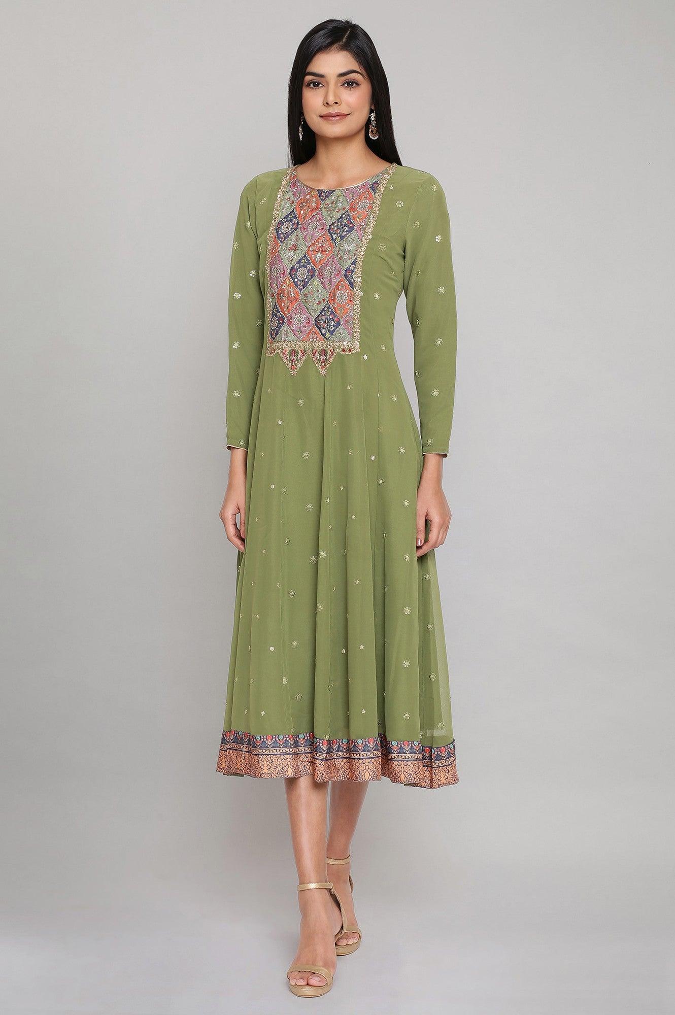 Green Embroidered Panelled Mughal Festive Gown - wforwoman