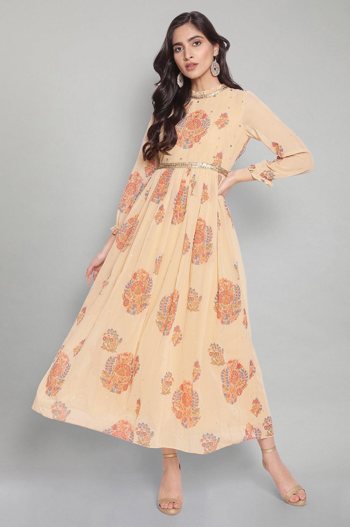 Yellow Floral Print Flared Victorian Dress - wforwoman