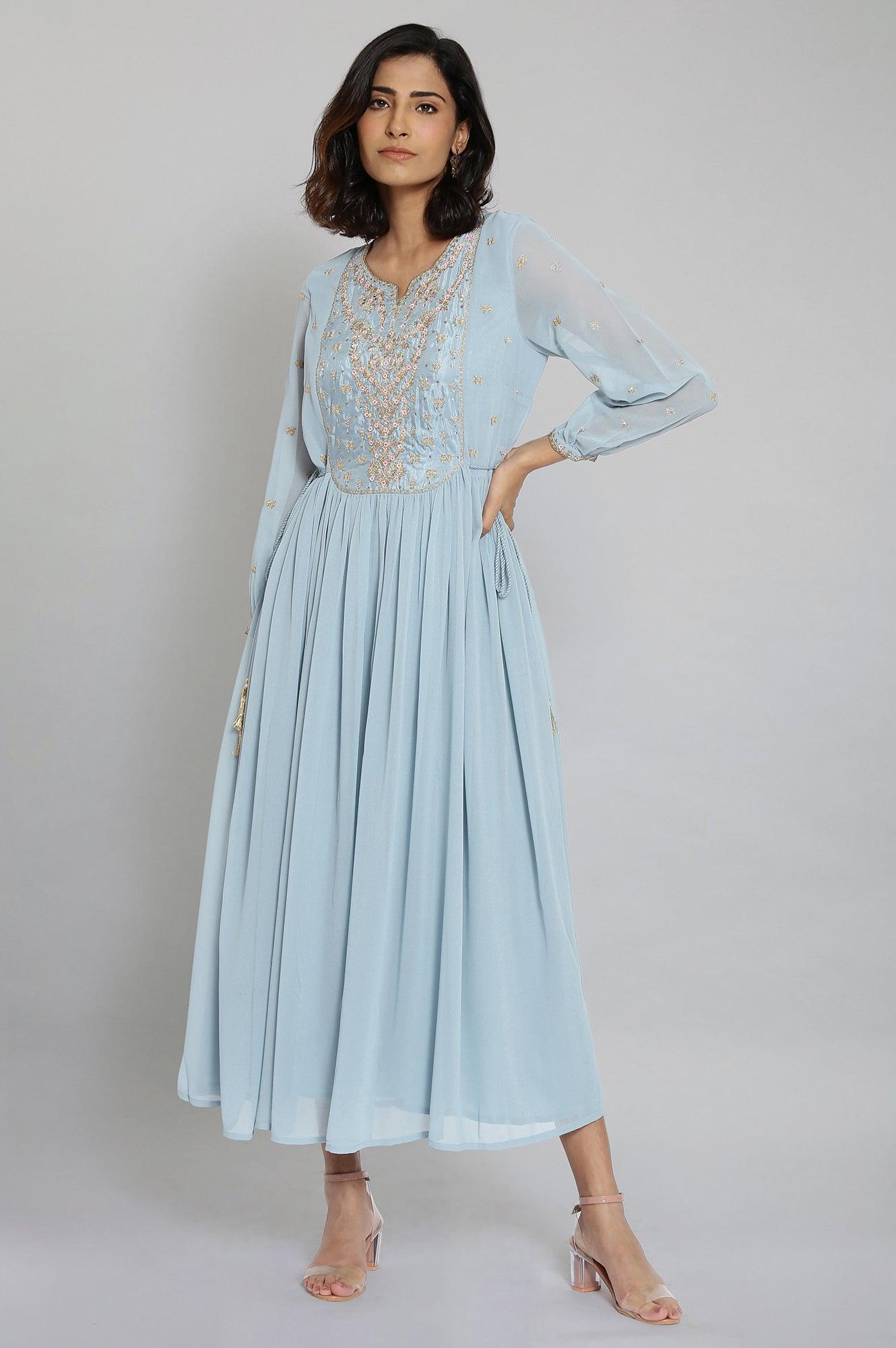 Light Blue Embroidered Gathered Victorian Dress - wforwoman