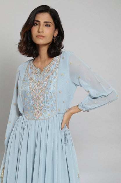 Light Blue Embroidered Gathered Victorian Dress - wforwoman