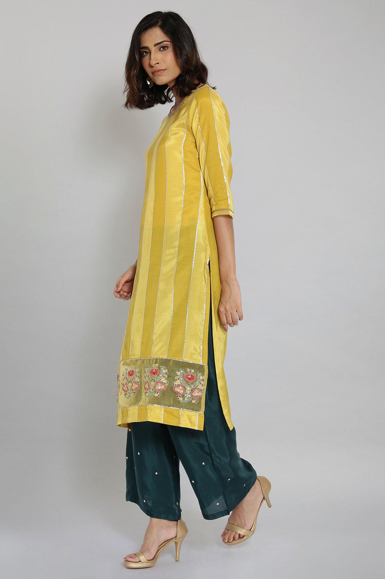Yellow Embroidered Striped Straight kurta - wforwoman
