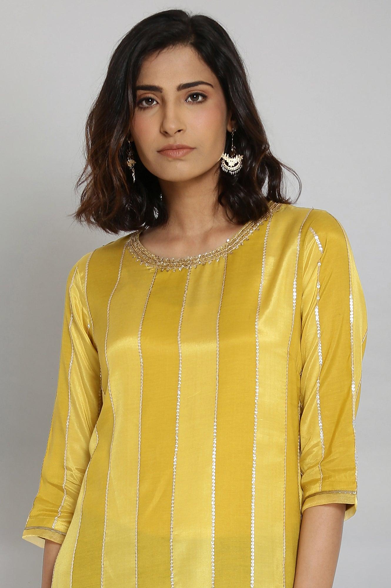 Yellow Embroidered Striped Straight kurta - wforwoman