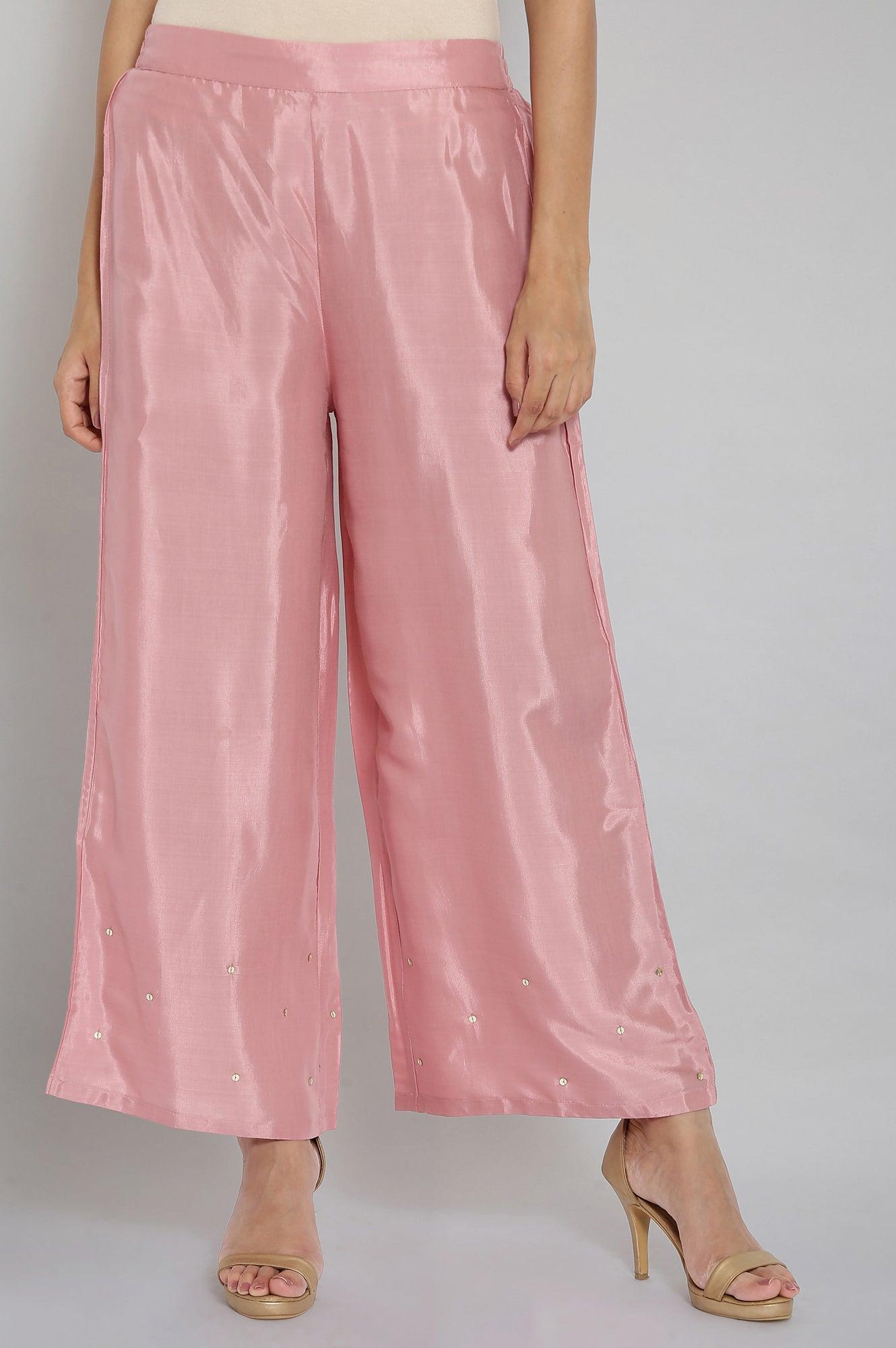 Light Pink Sequinned Solid Parallel Pants - wforwoman