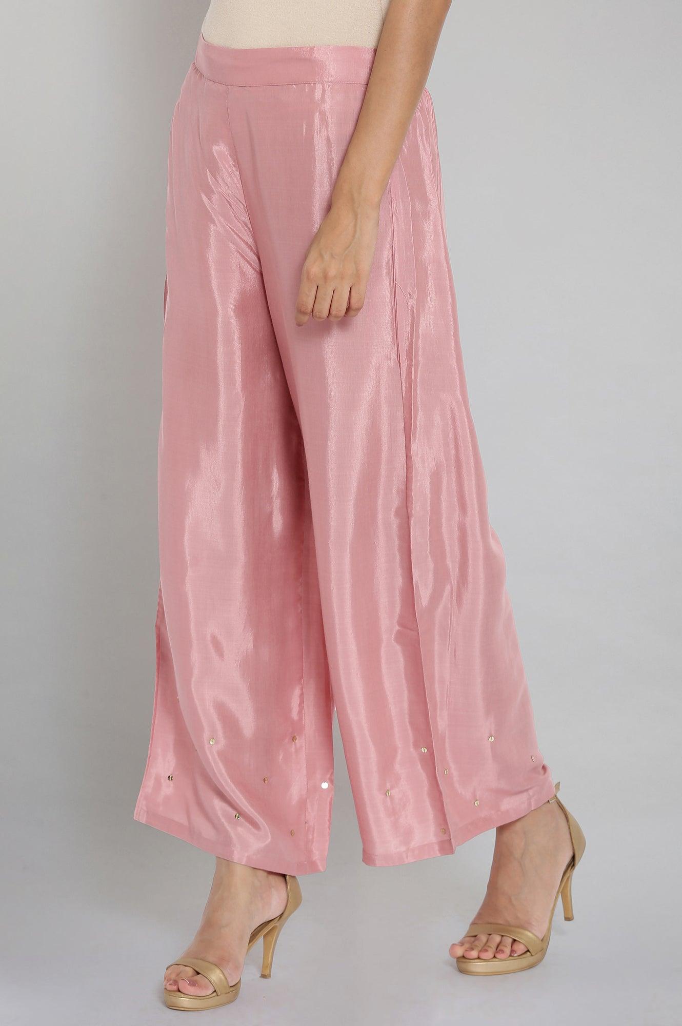 Light Pink Sequinned Solid Parallel Pants - wforwoman
