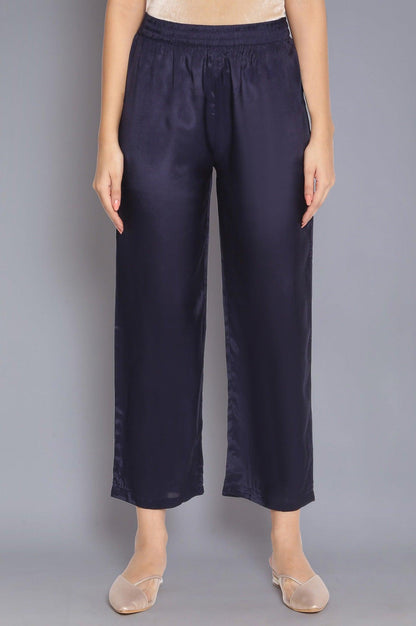 Navy Blue Solid Straight Pants - wforwoman