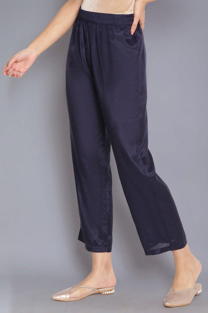 Navy Blue Solid Straight Pants - wforwoman